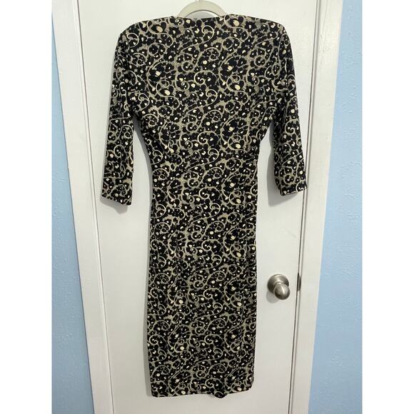 Y2k Vintage Dress Small Faux Wrap Black Gold Whimsygoth 3/4 Sleeve Office Siren - Picture 4 of 6